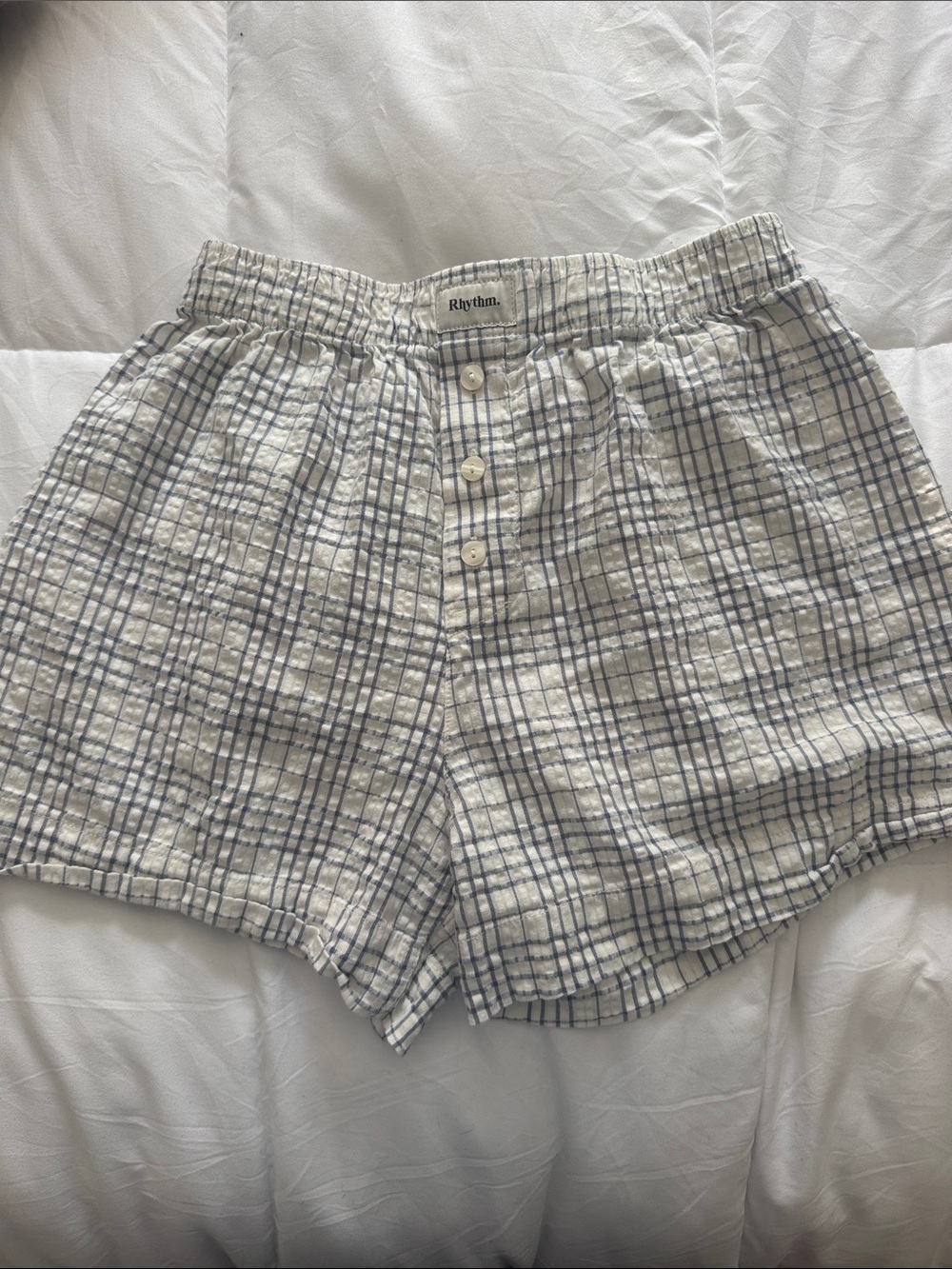 Rhythm White and Navy Plaid Cotton Shorts